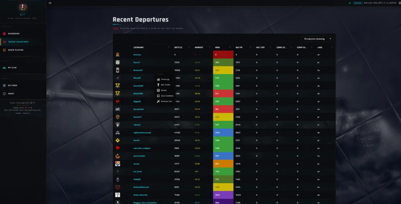 World of Tanks recruitment candidate search and filters